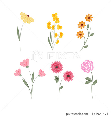 Six different watercolor flowers are arranged on a white background. These floral elements could be used in various designs, including environmental conservation infographics. 131921371