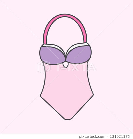 A cute cartoon style pastel coloured swimsuit illustration. The swimsuit has a pink bottom and halter strap, and the cups are purple. A sweet and simple vector icon. 131921375