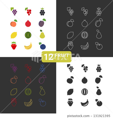 The collection showcases twelve distinct fruit line icons featuring popular fruits such as grapes, strawberries, and bananas. 131921395