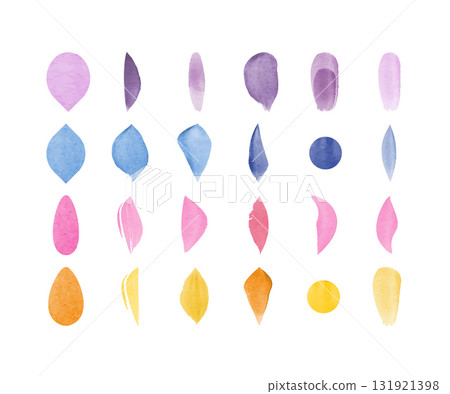 A collection of painted petal shapes and round dots are displayed. Varied pastel colors are shown, including purple, blue, pink, and yellow, against a bright white background. A collection of painted petal shapes and round dots are displayed. Varied pastel colors are shown, including purple, blue, pink, and yellow, against a bright white background. 131921398