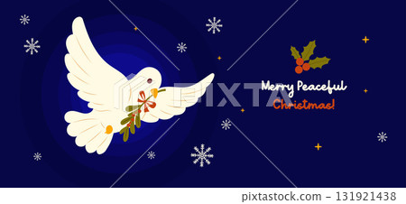 Peaceful Christmas Dove with Holly. New Year Holiday Poster with flying White Bird and berries branch, mistletoe plant on dark blue snowy Background. Vector horizontal illustration Not AI 131921438