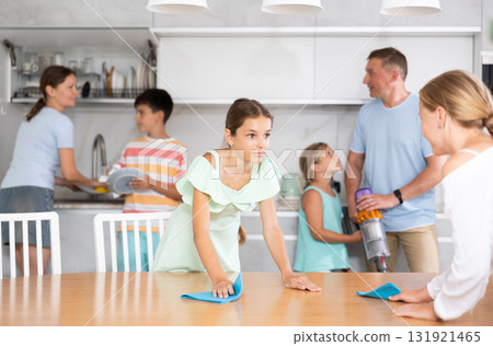 Teenage girls wash dining tables and help to do household chores, family day. Teenage girls wash dining tables and help to do household chores, family day. 131921465