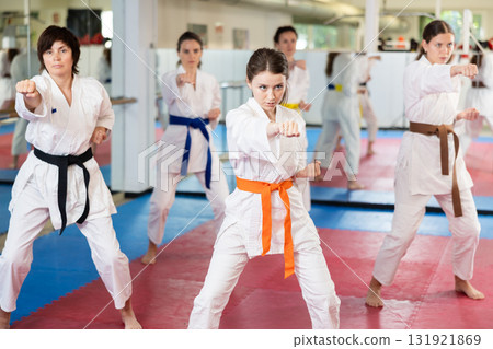 Women in a white kimono in training on a map 131921869