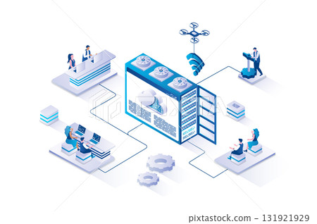 Hosting provider 3d isometric concept with isometry people design for web. Users working with hardware and software of internet provider, using network mainframe infrastructure. Vector illustration. 131921929