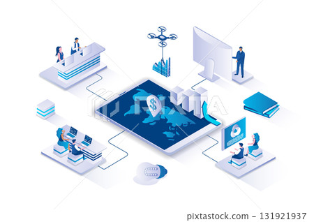 Global business strategy 3d isometric concept with isometry people design for web. Employees working in global company, analyzing, planning and managing international branches. Vector illustration. Global business strategy 3d isometric concept with isometry people design for web. Employees working in global company, analyzing, planning and managing international branches. Vector illustration. 131921937