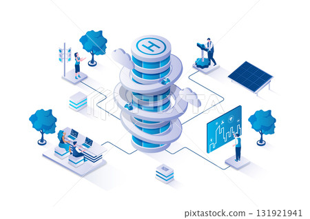 Futuristic megapolis 3d isometric concept with isometry people design for web. People living in smart hitech sity with modern technology, internet innovation and infrastructure. Vector illustration. 131921941
