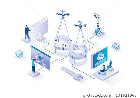 DevOps 3d isometric concept with isometry people design for web. People working with programming and management system, using job integration practice and agile cycles in project. Vector illustration. 131921965
