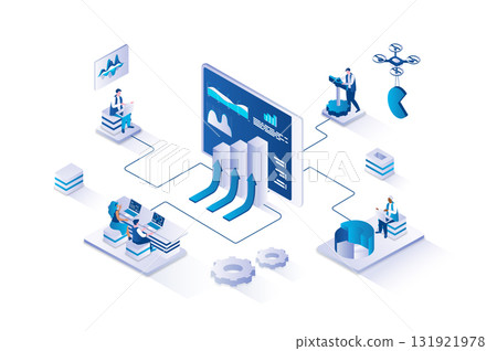 Data analysis 3d isometric concept with isometry people design for web. Analyst team analyzing financial statistics with growth trend, working with charts and calculating graphs. Vector illustration. 131921978