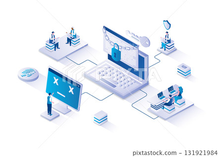 Cyber security 3d isometric concept with isometry people design for web. Users protecting their personal data on Internet, accessing with password to profile, safe from hacking. Vector illustration. 131921984