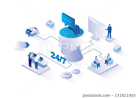 Customer support 3d isometric concept with isometry people design for web. Team answering to incoming client emails and calls, finding solutions and advises, chatting at helpline. Vector illustration. 131921985