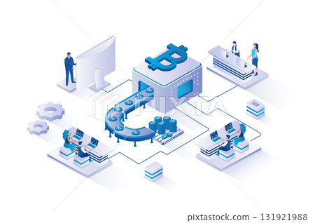 Cryptocurrency technology 3d isometric concept with isometry people design for web. People creating mining farms, investing money in crypto business and blockchain technology. Vector illustration. 131921988