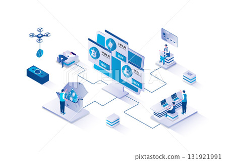 Cryptocurrency marketplace 3d isometric concept with isometry people design for web. Users making virtual financial transactions, buying or selling bitcoins, investing money. Vector illustration. 131921991
