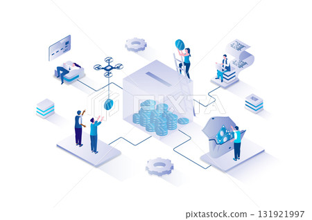 Crowdfunding 3d isometric concept with isometry people design for web. Sponsors making collective donation for fundraising at business project, supporting startup with investment. Vector illustration. Crowdfunding 3d isometric concept with isometry people design for web. Sponsors making collective donation for fundraising at business project, supporting startup with investment. Vector illustration. 131921997