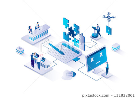 Creative agency 3d isometric concept with isometry people design for web. Team working on project, analyzing consumers, finding new ideas, creating graphic content for advertise. Vector illustration. Creative agency 3d isometric concept with isometry people design for web. Team working on project, analyzing consumers, finding new ideas, creating graphic content for advertise. Vector illustration. 131922001