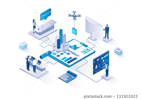 Business statistic 3d isometric concept with isometry people design for web. Team analyzing company financial performances, consulting and creating strategy to increase profits. Vector illustration. 131922023