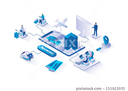 Booking 3d isometric concept with isometry people design for web. Travelers searching and booking tickets to airplane, making online reservation, planning their travel logistic. Vector illustration. Booking 3d isometric concept with isometry people design for web. Travelers searching and booking tickets to airplane, making online reservation, planning their travel logistic. Vector illustration. 131922035