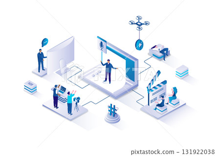 Blogging 3d isometric concept with isometry people design for web. Team creating blog content in studio, posting videos, making live translation, collecting likes and influence. Vector illustration. 131922038