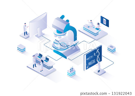 Biotechnology 3d isometric concept with isometry people design for web. Scientist team working with DNA molecule, making genetic engineering research at microscope in laboratory. Vector illustration. 131922043