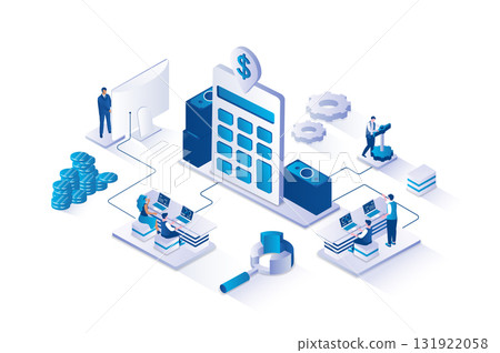 Accountant 3d isometric concept with isometry people design for web. Team inspecting finance, doing financial acconting and budget planning, profit calculation and balance report. Vector illustration. Accountant 3d isometric concept with isometry people design for web. Team inspecting finance, doing financial acconting and budget planning, profit calculation and balance report. Vector illustration. 131922058