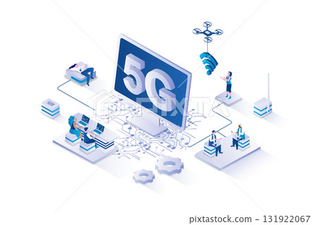 5G internet 3d isometric concept with isometry people design for web. Users with laptops using high speed wifi signal hotspot in free access zone and global network technology. Vector illustration. 131922067