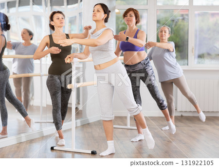 Focused woman practicing arabesque with ballet teacher in novice class Focused woman practicing arabesque with ballet teacher in novice class 131922105
