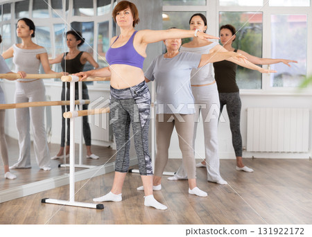 Group of women stand in second position at barre Group of women stand in second position at barre 131922172