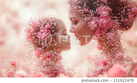 Mother and daughter faces adorned with pink flowers, expressing tender family connection Mother and daughter faces adorned with pink flowers, expressing tender family connection 131922470