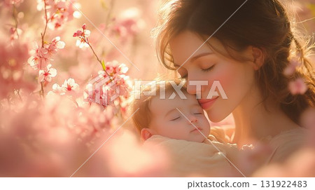 Mother embracing baby amid cherry blossoms capturing tender moment 131922483