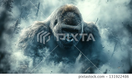 Mountain gorilla emerging through misty forest atmosphere, dramatic wildlife portrait 131922486