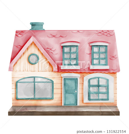 A miniature beige plastic dollhouse with a pink roof, multiple large windows, a blue door, and a chimney. Hand-drawn watercolor illustration of the toy house on a white background. Facade view. A miniature beige plastic dollhouse with a pink roof, multiple large windows, a blue door, and a chimney. Hand-drawn watercolor illustration of the toy house on a white background. Facade view. 131922554