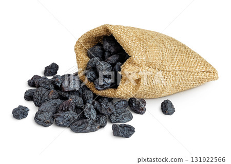 black raisins in bag isolated on white background black raisins in bag isolated on white background 131922566