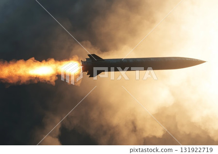Realistic missile cutting through heavy clouds with sunlight illuminating the scene 131922719