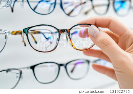 Hand selecting stylish eyeglasses from a display rack in an optical store for vision correction 131922735
