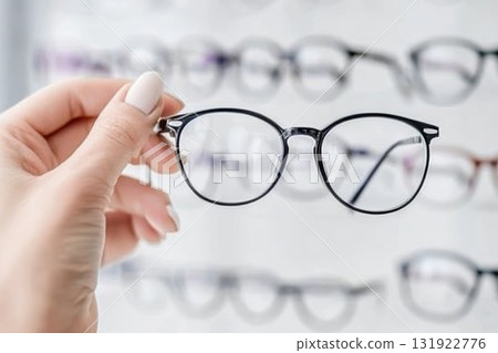 Hand holding stylish black eyeglasses in optical store with various frames in the background 131922776
