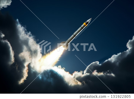 Rocket launching through clouds with bright flames and dramatic sky in visualelectric din 131922805