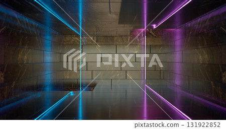 3d render. Geometric figure in neon light against a dark tunnel. Laser glow. 131922852