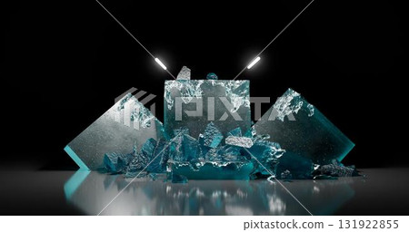3D rendering. A podium or stand made of a solid piece of rectangular blue ice on a dark background in neon light. Background for the studio. 131922855