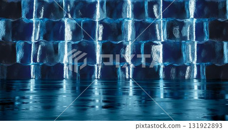 3d rendering. Large blocks of ice are lined in brickwork with neon lighting in blue light. 3d rendering. Large blocks of ice are lined in brickwork with neon lighting in blue light. 131922893