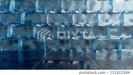 3d rendering. Large blocks of ice are lined in brickwork with neon lighting in blue light. 131922894