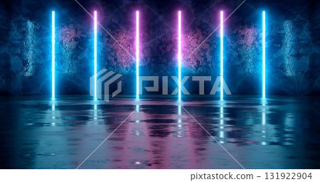 3d rendering. Blue and pink neon lights set against a cracked ice wall. 131922904