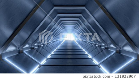 3d rendering. Corridor with neon blue lighting and bright lights at the end. Goes into the distance. 131922907