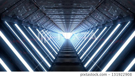 3d rendering. Corridor with neon blue lighting and bright lights at the end. Goes into the distance. 3d rendering. Corridor with neon blue lighting and bright lights at the end. Goes into the distance. 131922908