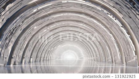 3d rendering. A corridor made of light marble with decorative elements on the wall extending into the distance. 131922925