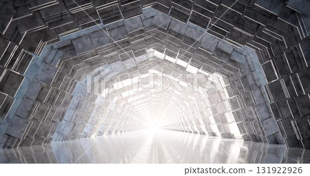 3d rendering. A corridor made of light marble with decorative elements on the wall extending into the distance. 3d rendering. A corridor made of light marble with decorative elements on the wall extending into the distance. 131922926