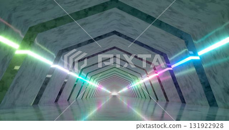 3d rendering. A marble corridor with columns stretching into the distance with neon lamps on the sides of different light. 131922928