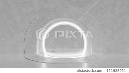 3d rendering. Abstract composition of geometric shapes in a bright room with neon lighting. A podium for your mockup. 131922931