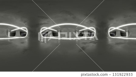 3d rendering. 360 degree spherical seamless vr panorama. Abstract empty dark interior with neon lighting, HDRI environment map of exhibition gallery with glossy walls. 131922933
