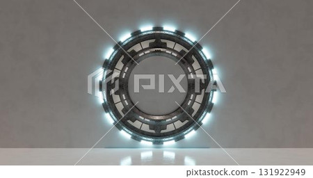 3d rendering. Abstract composition of geometric shapes in a bright room with neon lighting. A podium for your mockup. 3d rendering. Abstract composition of geometric shapes in a bright room with neon lighting. A podium for your mockup. 131922949