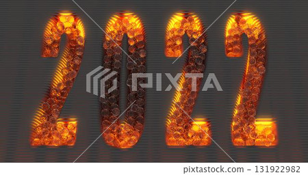 3d rendering. Embossed surface of parallel stripes with the date 2022 embossed on it. Yellow neon lighting. Glass balls scattered over the surface 3d rendering. Embossed surface of parallel stripes with the date 2022 embossed on it. Yellow neon lighting. Glass balls scattered over the surface 131922982