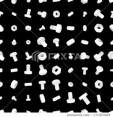 3d rendering. Height map. Seamless pattern of bolts and nuts of different sizes, scattered at random. 131923004